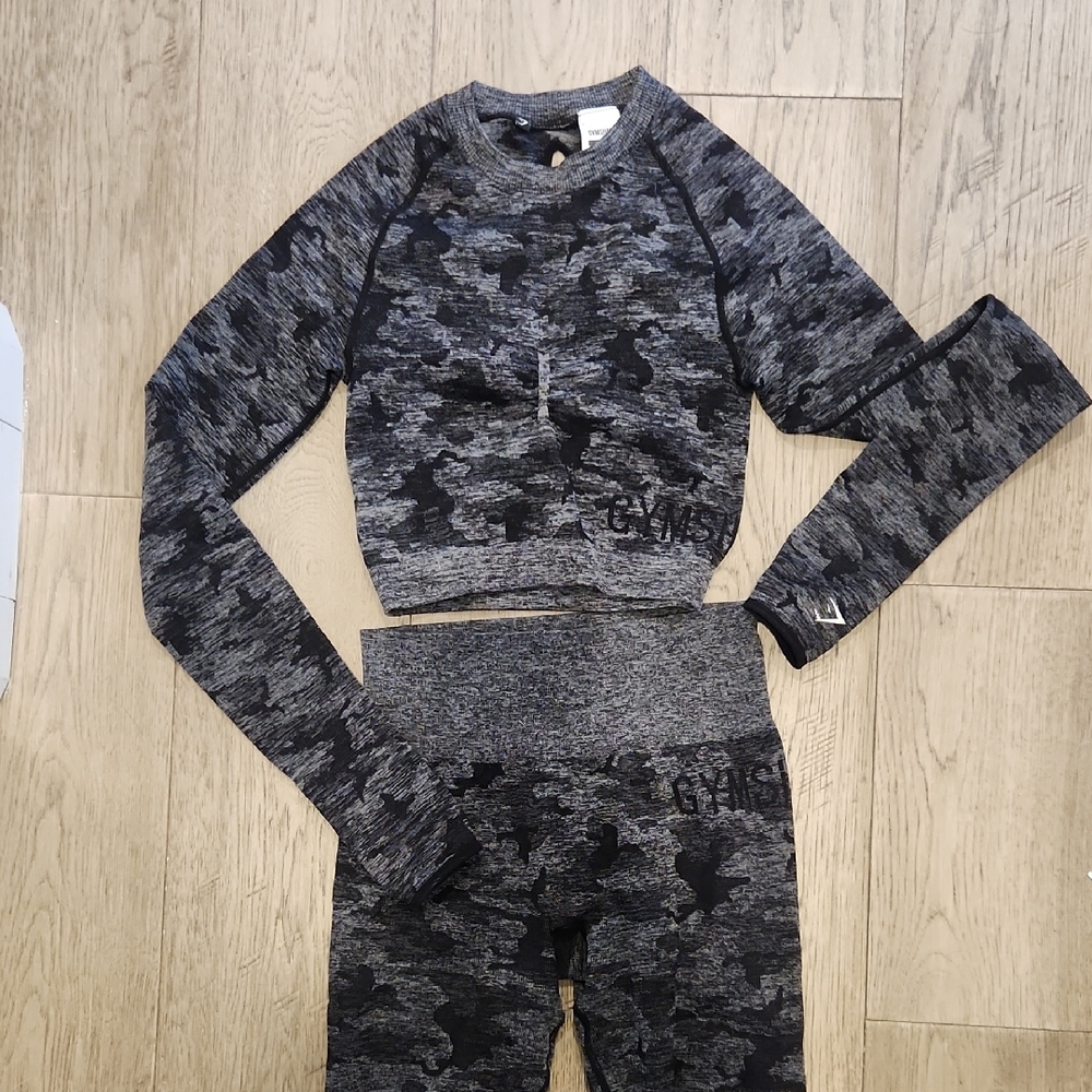 Gymshark Gray Camo Long Sleeve Crop Top and Leggings Set